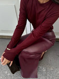 Women's Burgundy Fashion Designer PU Leather Skirts (Long)-Women's Fashion Designer Skirts