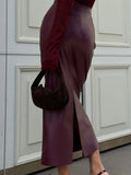 Women's Burgundy Fashion Designer PU Leather Skirts (Long)-Women's Fashion Designer Skirts