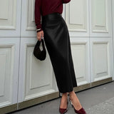 Women's Burgundy Fashion Designer PU Leather Skirts (Long)-Women's Fashion Designer Skirts