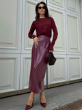 Women's Burgundy Fashion Designer PU Leather Skirts (Long)-Women's Fashion Designer Skirts