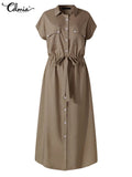 Women's Cargo Button Up High Waist Fashion Designer Midi Dresses (Plus Size)