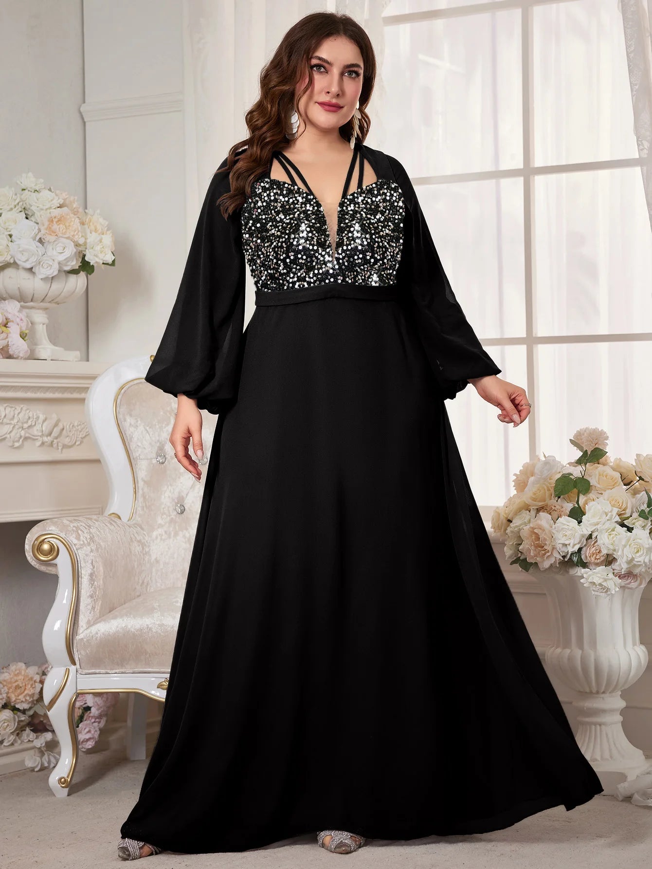 Women's Chiffon 2-5XL Fashion Designer Sequin Long Dresses (Plus Size) International Women's Clothing Women's Chiffon 2-5XL Fashion Designer Sequin Long Dresses (Plus Size) International Women's Clothing
