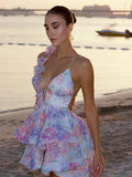 Women's Chiffon Floral Layered Fashion Designer Mini S-L Dresses (Short)