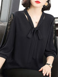 Women's Chiffon Lace Blouse 1-5XL Bow Neck Fashion Designer T-Shirts (Plus Size)