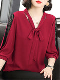 Women's Chiffon Lace Blouse 1-5XL Bow Neck Fashion Designer T-Shirts (Plus Size)