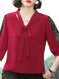 Women's Chiffon Lace Blouse 1-5XL Bow Neck Fashion Designer T-Shirts (Plus Size)