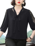 Women's Chiffon Lace Blouse 1-5XL Bow Neck Fashion Designer T-Shirts (Plus Size)