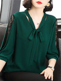 Women's Chiffon Lace Blouse 1-5XL Bow Neck Fashion Designer T-Shirts (Plus Size)