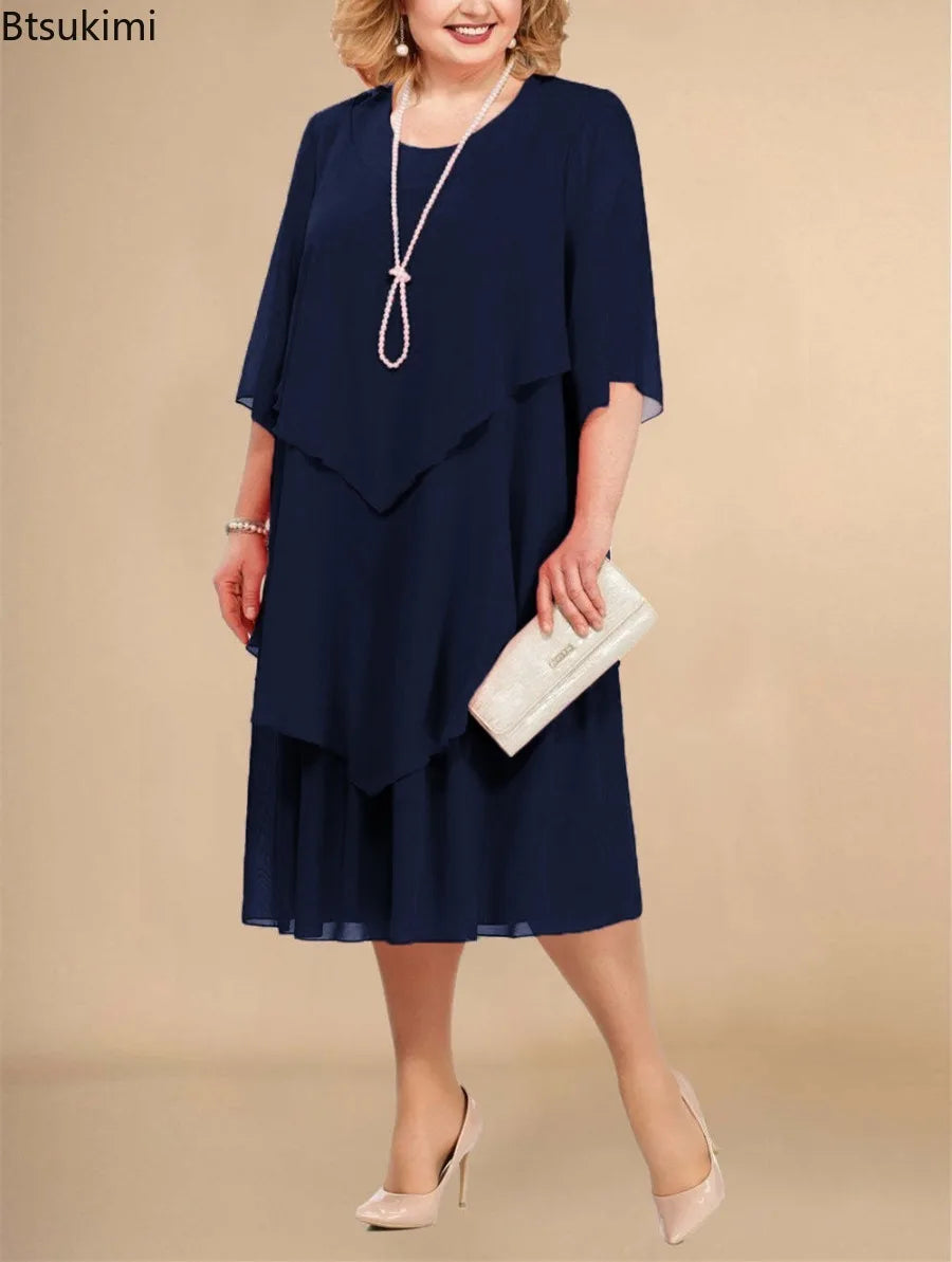 Women's Chiffon Layered 3-5XL Fashion Designer Midi Dresses (Plus Size International Women's Clothing Women's Chiffon Layered 3-5XL Fashion Designer Midi Dresses (Plus Size International Women's Clothing