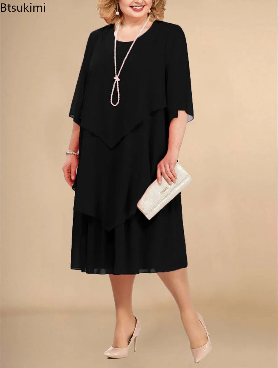 Women's Chiffon Layered 3-5XL Fashion Designer Midi Dresses (Plus Size International Women's Clothing Women's Chiffon Layered 3-5XL Fashion Designer Midi Dresses (Plus Size International Women's Clothing