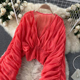 Women's Chiffon Ruffle Fashion Designer Blusas Super Long-Sleeve Tops-Women's Fashion Designer Long-Sleeve Tops