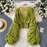 Women's Chiffon Ruffle Fashion Designer Blusas Super Long-Sleeve Tops-Women's Fashion Designer Long-Sleeve Tops