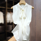 Women's Chiffon Bow Tie Fashion Designer S-7XL Tops Singlets (Plus Size)-Women's Tops Fashion Designer Plus Size Singlets-WHITE-Women&#x27;s fashion designer plus size clothes