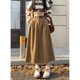 Women's Corduroy Fashion S-L Designer A-Line High Waist Skirts (Midi)-Women's Fashion Designer Skirts-Khaki-Women&#x27;s fashion designer plus size clothes