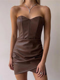 Women's Corset PU Leather Bodycon Fashion Designer S-L Dresses (Short)-Women's Fashion Designer Dresses-Brown-Women&#x27;s fashion designer plus size clothes