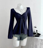 Women's Corset Ruched Fashion Designer Flare S-L Long-Sleeve Tops-Women's Fashion Designer Long-Sleeve Tops-International Women's Clothing