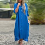 Women's Cotton Linen Fashion Designer 2-4XL Collar Long Dresses (Plus Size)