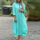 Women's Cotton Linen Fashion Designer 2-4XL Collar Long Dresses (Plus Size)