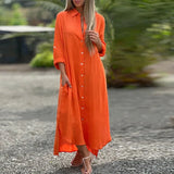 Women's Cotton Linen Fashion Designer 2-4XL Collar Long Dresses (Plus Size)