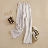 Women's Cotton Linen Fashion Designer Wide Leg Pants