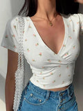 Women's Crop Top Fashion Designer Blouse Floral Printed V Neck T-Shirts