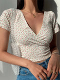 Women's Crop Top Fashion Designer Blouse Floral Printed V Neck T-Shirts
