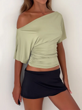 Women's Crop Top Fashion Designer Off Shoulder Ruched T-Shirts