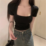 Women's Crop Top Fashion Designer Square Collar T-Shirts-Women's Tops Fashion Designer T-Shirts / Blouses-International Women's Clothing