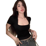 Women's Crop Top Fashion Designer Square Collar T-Shirts-Women's Tops Fashion Designer T-Shirts / Blouses-International Women's Clothing