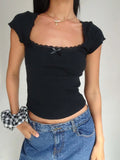 Women's Crop Top S-L Fashion Designer Lace Trim T-Shirts