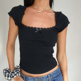 Women's Crop Top S-L Fashion Designer Lace Trim T-Shirts