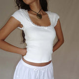 Women's Crop Top S-L Fashion Designer Lace Trim T-Shirts