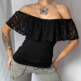 Women's Crop Tops Off Shoulder Lace S-L Fashion Designer T-Shirts