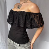 Women's Crop Tops Off Shoulder Lace S-L Fashion Designer T-Shirts