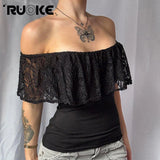 Women's Crop Tops Off Shoulder Lace S-L Fashion Designer T-Shirts