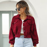 Women's Cropped Corduroy Fashion Designer S-XL Jackets-Women's Fashion Designer Jackets-Burgundy-Women&#x27;s fashion designer plus size clothes