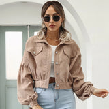 Women's Cropped Corduroy Fashion Designer S-XL Jackets-Women's Fashion Designer Jackets-Khaki-Women&#x27;s fashion designer plus size clothes
