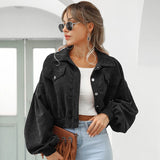 Women's Cropped Corduroy Fashion Designer S-XL Jackets-Women's Fashion Designer Jackets-black-Women&#x27;s fashion designer plus size clothes