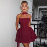 Women's Deep Plunge Fashion Designer Halter Mini S-L Dresses (Short)-Women's Fashion Designer Dresses-D4B17963AClaret-Women&#x27;s fashion designer plus size clothes