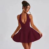 Women's Deep Plunge Fashion Designer Halter Mini S-L Dresses (Short)-Women's Fashion Designer Dresses-Claret-Women&#x27;s fashion designer plus size clothes