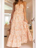 Women's Deep V Neck Fashion Designer Backless Floral Dresses (Long)