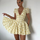 Women's Deep V Neck Floral Fashion Designer A-Line Dresses (Short)