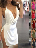 Women's Deep V Neck High Split Fashion Designer Dresses (Short)-Women's Fashion Designer Dresses