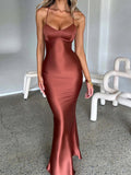 Women's Deep V-Neck S-L Fashion Designer Cocktail Satin Dresses (Long)-Women's Fashion Designer Dresses-Russet-Women&#x27;s fashion designer plus size clothes