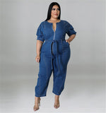 Women's Denim 3/4 Sleeve Distress Fashion Designer Jumpsuits (Plus Size)