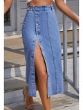 Women's Denim Fashion Designer High Waist Button Split Skirts (Midi)-Women's Fashion Designer Skirts