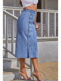 Women's Denim Fashion Designer High Waist Button Split Skirts (Midi)-Women's Fashion Designer Skirts