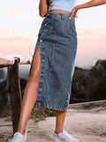 Women's Denim Fashion Designer High Waist Button Split Skirts (Midi)-Women's Fashion Designer Skirts