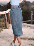Women's Denim Fashion Designer High Waist Button Split Skirts (Midi)-Women's Fashion Designer Skirts