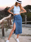 Women's Denim Fashion Designer High Waist Button Split Skirts (Midi)-Women's Fashion Designer Skirts